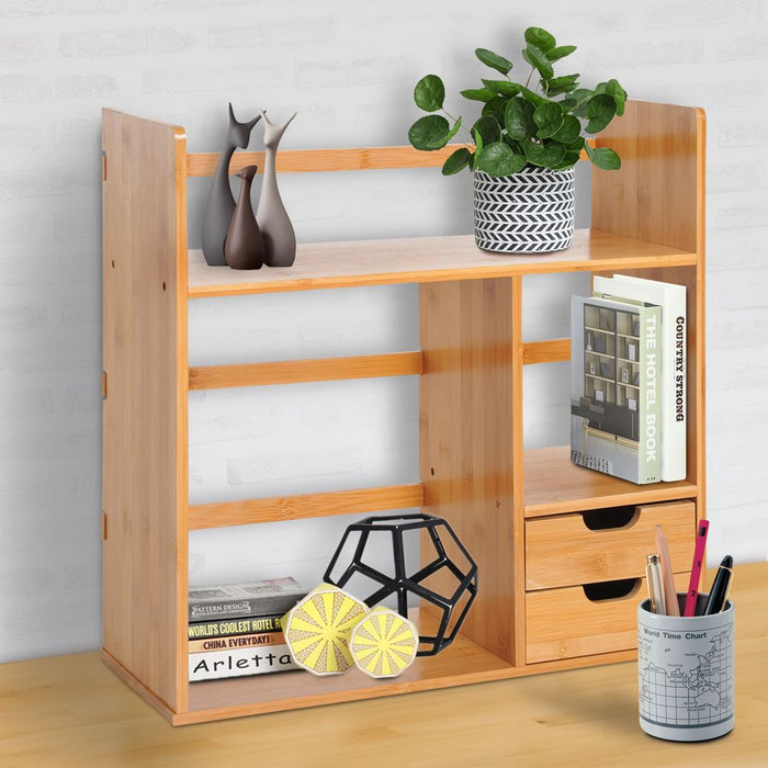 Desk Organiser Desktop Bookshelf 180 Degree Rotatable 2 Drawers Bamboo