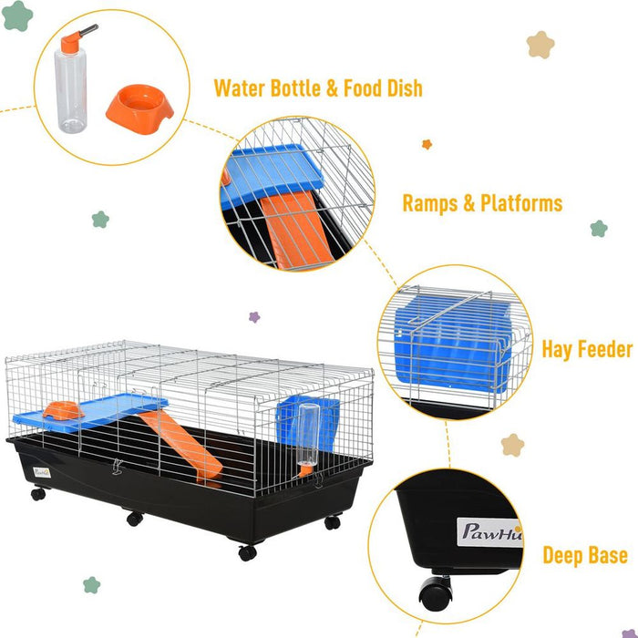 PawHut 119cm Small Animal Cage for Rabbit Ferret Guinea Pig w/ Food Dish Black