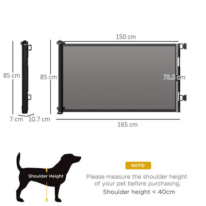 PawHut Retractable Stair Gate for Dogs, 150cm Extendable Dog Gate, Foldable Pet Safety Gate w/Single Hand Operation, for Doorway, Hallways, 85cm Tall - Black