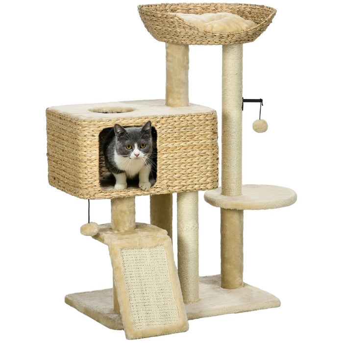 PawHut 95cm Cat Tree Tower w/ Scratching Post, Cat House, Ball Platform - Beige