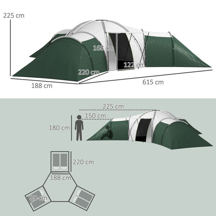 Outsunny Large Camping Tent with 3 Bedroom, Living Area and Porch for 6-9 Man