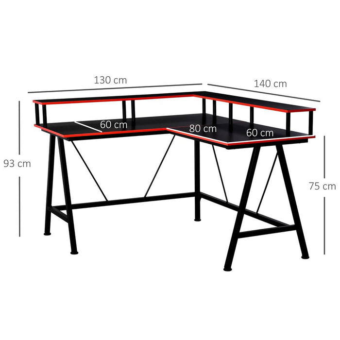 L-Shape Corner Gaming Desk Shelf Workstation, Black Red