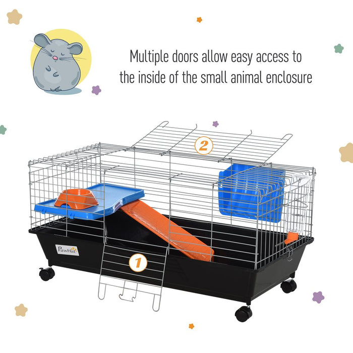 PawHut Small Animal Cage Rabbit Guinea Pigs Chinchillas Cage w/Wheels Water Bottle Food Dish Platform Ramp 89 x 44 x 43 cm Black