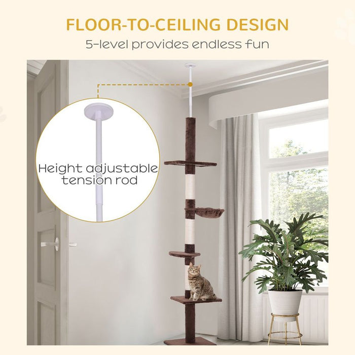 FloortoCeiling Cat Tree 5Tier Kitty Tower Brown for Indoor Cats, HighQuality & Tension Rod Included