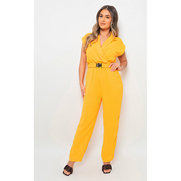 Short Sleeve Wrap Front Belted Jumpsuit