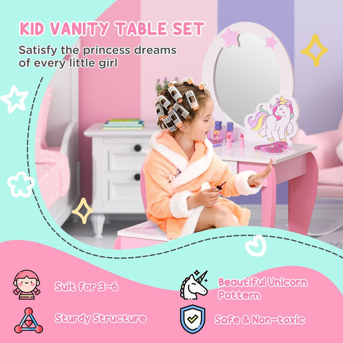 Magical Unicorn Girls Vanity Set with Mirror and Stool - High Quality, Ages 3-6