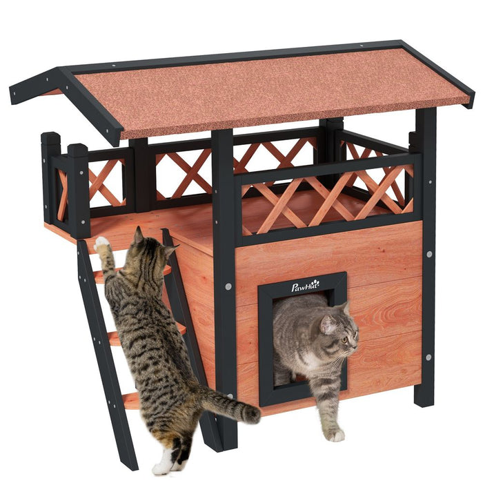 PawHut Outdoor Cat House with Balcony Stairs Roof Brown