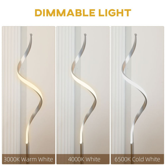 HOMCOM Dimmable Floor Lamp for Living Room, Modern Spiral Standing Lamp with 3 Adjustable Brightness and Square Base, Silver