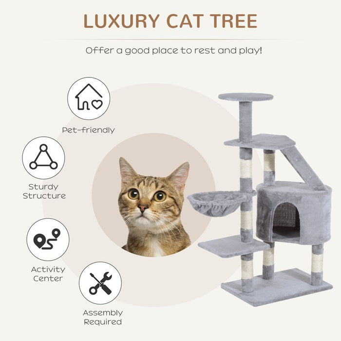 PawHut Cat Tree Kitten Scratching Post Scratch Scratcher Climb Activity Center Play House Pet Furniture 125cm (Grey)