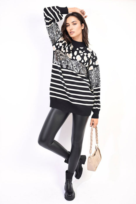 Sparkling Leopard Sequin High Neck Knitted Jumper