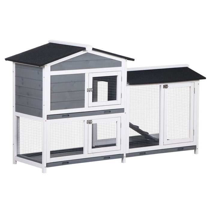 PawHut 2-Tier Wooden Rabbit Hutch Guinea Pig House Pet Cage Outdoor w/ Tray Ramp