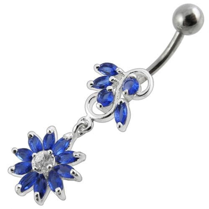 Fancy White Stone Jeweled Flower Dangling Navel Ring