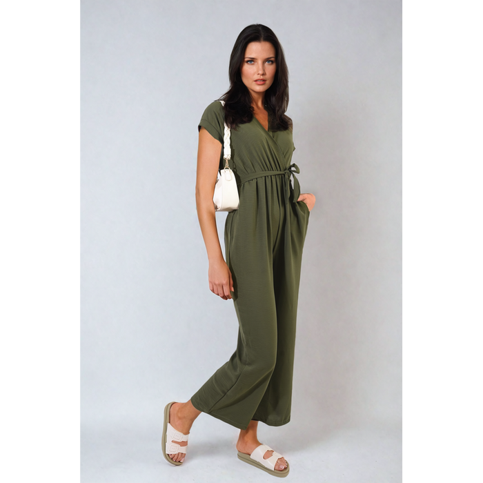 Belted V Neck Jumpsuit with Side Pockets