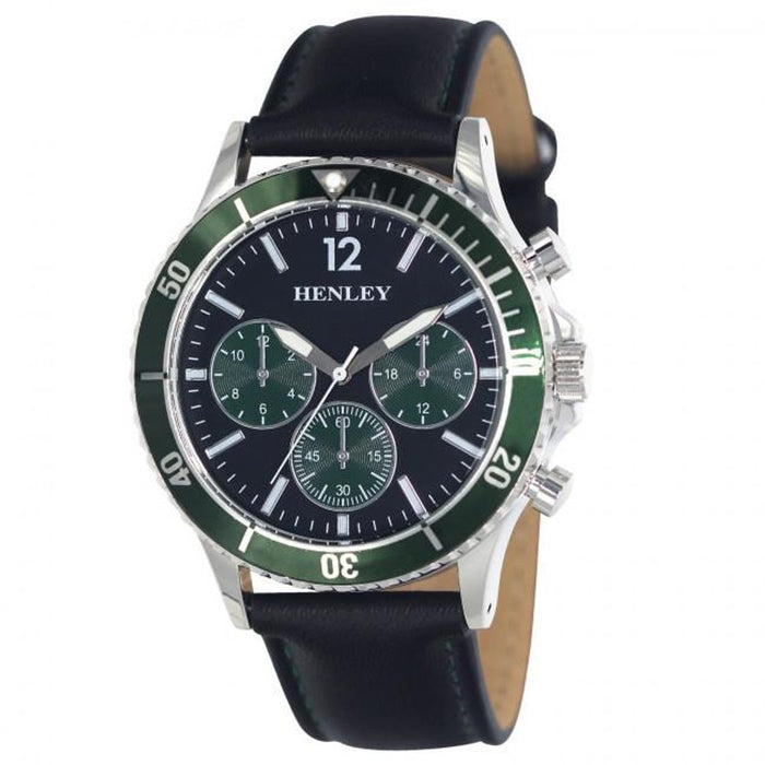 Henley Mens Polished Round Sports Watch - Green Dial, Black Leather Strap - H02210.11