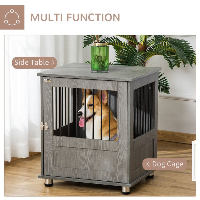 PawHut Dog Crate Furniture End Table, Pet Kennel for Small Dogs with Magnetic Door Indoor Animal Cage, Grey, 60 x 55 x 70 cm