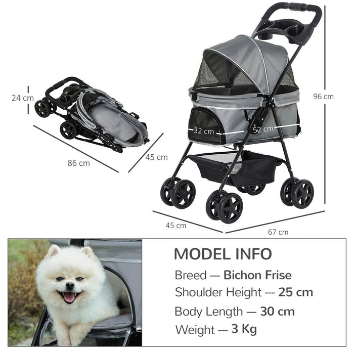 PawHut Pet Stroller: No-Zip, Foldable, Travel Carriage with Brake, Basket, Adjustable Canopy