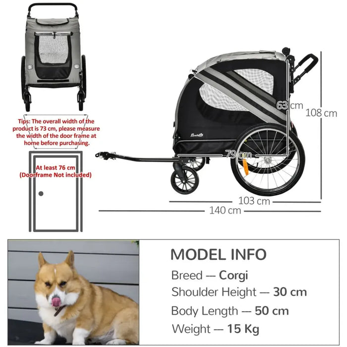 2-in-1 Dog Bike Trailer Pet Stroller w/ Reflectors - Grey. Durable Steel Frame. Large Dimensions for Medium Dogs. High-Quality.