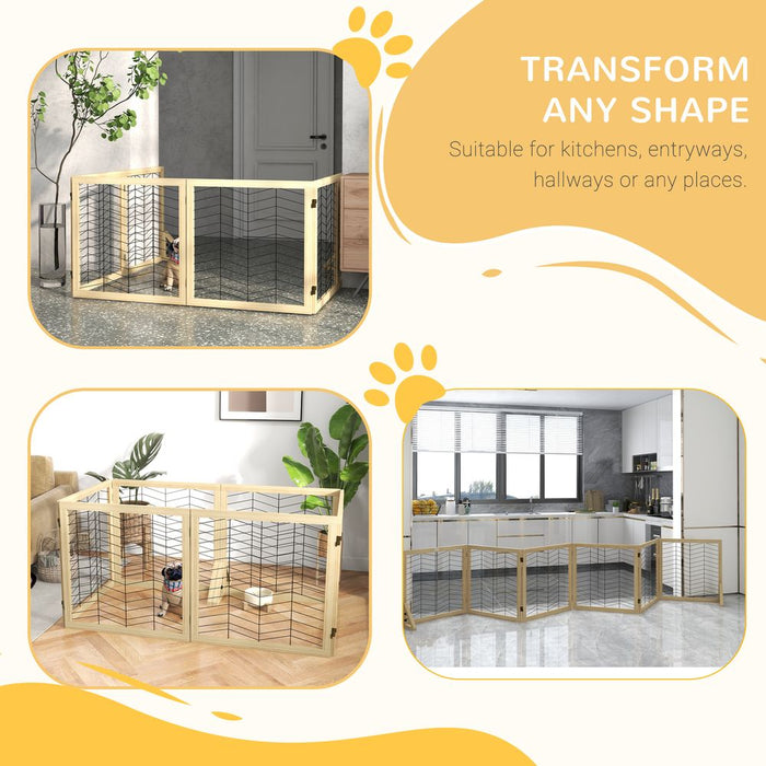 PawHut Freestanding Dog Barrier - 6 Panels, Natural Wood - S & M Dog Sizes