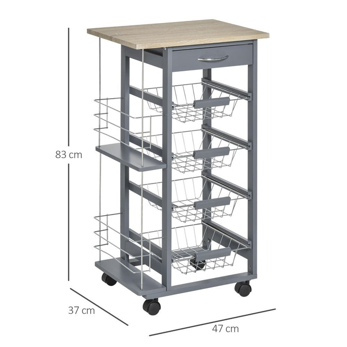 Kitchen Island Trolley w/ 4 Baskets 2 Side Racks Drawer Dark Grey