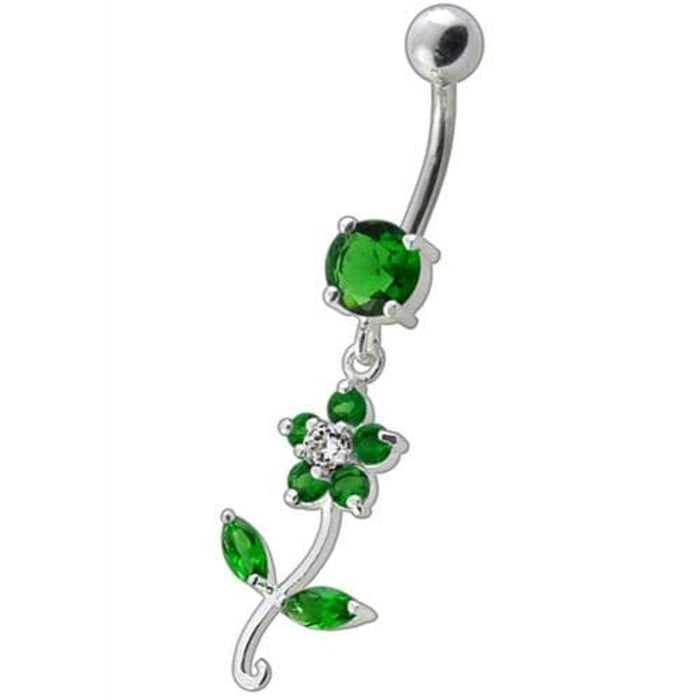 Fancy Flower With Green Jeweled Leafs Dangling Navel Banana Bar Ring