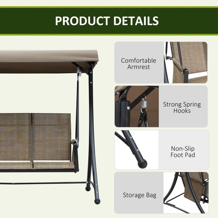 3 Person Swing Chair High Back Design, Side Pouches & Adjustable Canopy, Brown