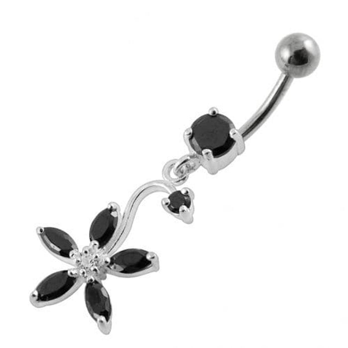 Fancy Multi Stones Flower Dangling Curved Navel Ring