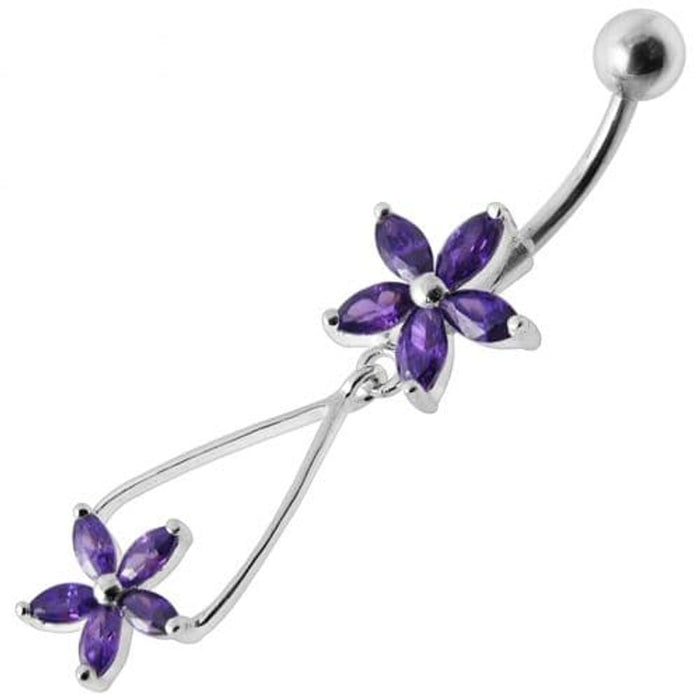 Fancy Jeweled Two Flower Silver Dangling SS Bar Navel Ring