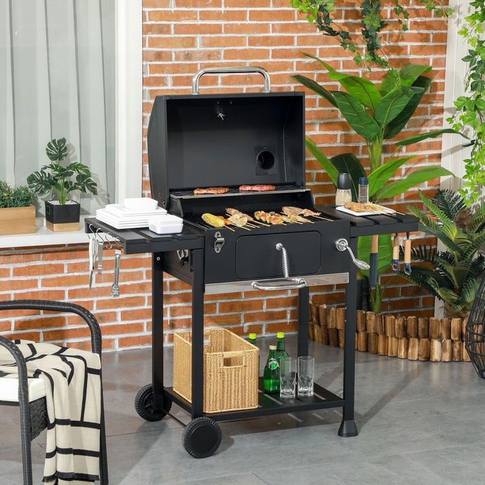 Premium Charcoal BBQ Grill Smoker Trolley - Shelves, Bottle Opener, Wheels - Best Quality & Versatility