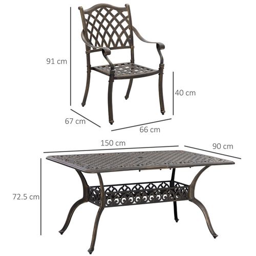 Outsunny 7-PC Cast Aluminum Patio Dining Set w/ Umbrella Hole & Cushion, Bronze