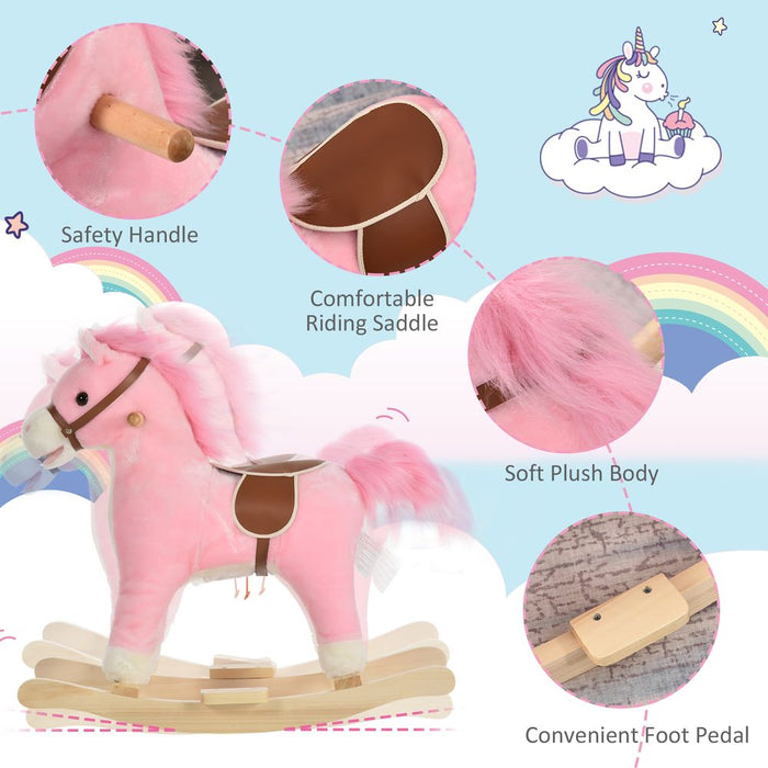 High-Quality Kids Plush Rocking Horse w/ Moving Mouth & Tail Sounds - Pink HOMCOM