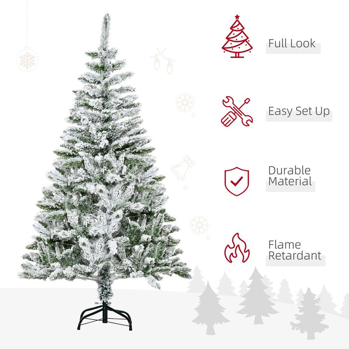 HOMCOM 5 Ft Snow Flocked Artificial Christmas Tree Xmas Pine Tree with Realistic Branches, Auto Open and Steel Base, Green