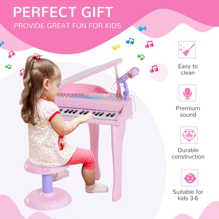 Safe & Interactive 37-Key Mini Piano Keyboard Microphone Stool for Kids - Pink