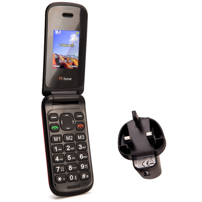 Affordable Red Flip Mobile Phone, TTfone TT140, Unlocked, Mains Charger Included