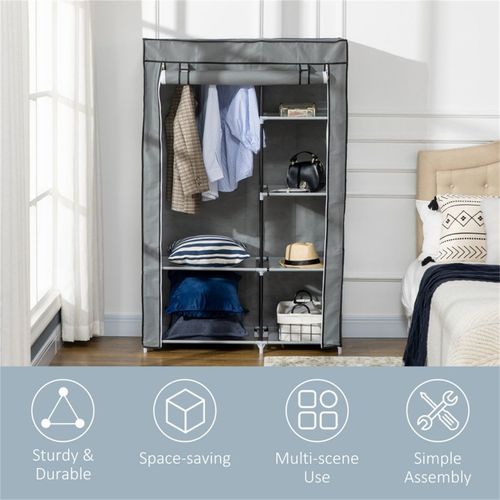Fabric Wardrobe Hanging rail and Six shelves Clothes Storage Light Grey 103W x 43D x 162.5H cm