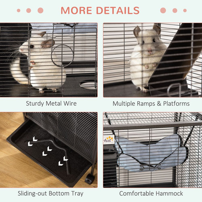 PawHut Small Animal Cage with Wheels Pet Home for Chinchillas Ferrets Kittens, with Hammock, 4 Platforms, Removable Tray, Grey