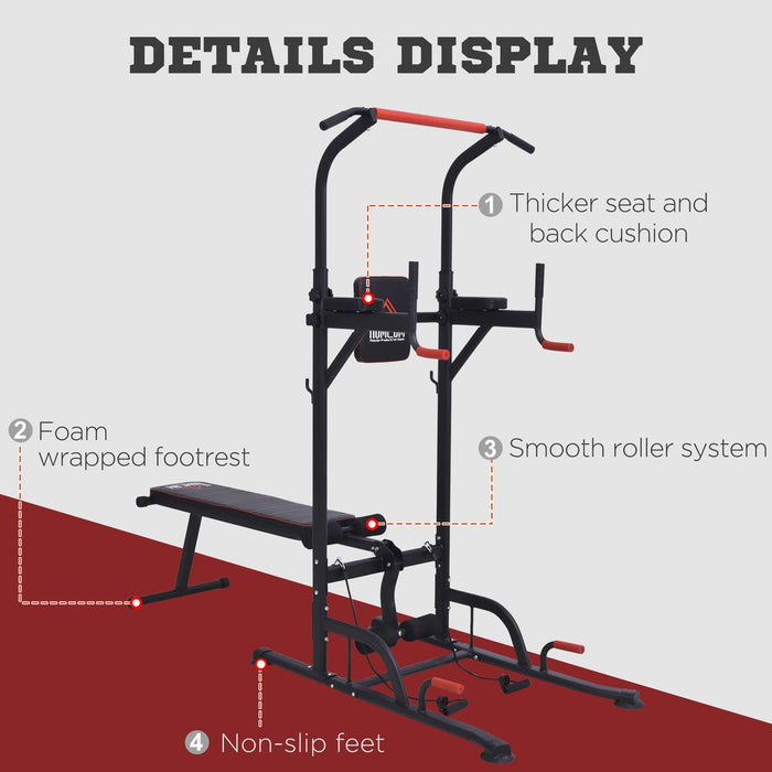 HOMCOM Multifunction Power Tower Home Workout Dip Station w/Sit-up Bench Push-up Bars and Tension Ropes Fitness Equipment Office Gym Training