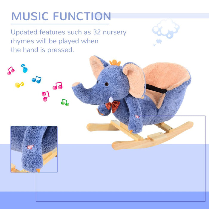 HOMCOM Children Kids Rocking Horse Toys Plush Elephant Rocker Seat with Sound Toddler Baby Gift for 1.5 Years+ Blue