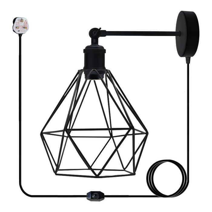 Modern Industrial Black Loft Metal Plug in wall Lamp Shade Wire Cage 4m Rapper cable with dimmer switch