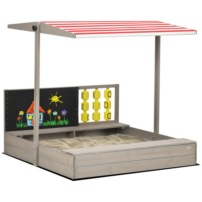 Outsunny Kids Wooden Sandpit, Sandbox w/ Canopy, Seats, for Gardens - Grey