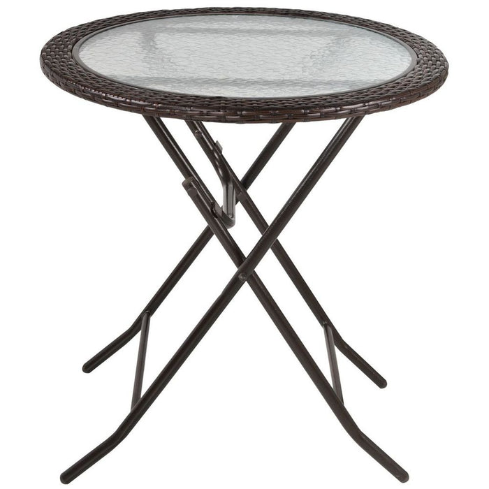 Premium Outsunny Round Glass Metal Table - Folding & Weatherproof - Brown Rattan Edging