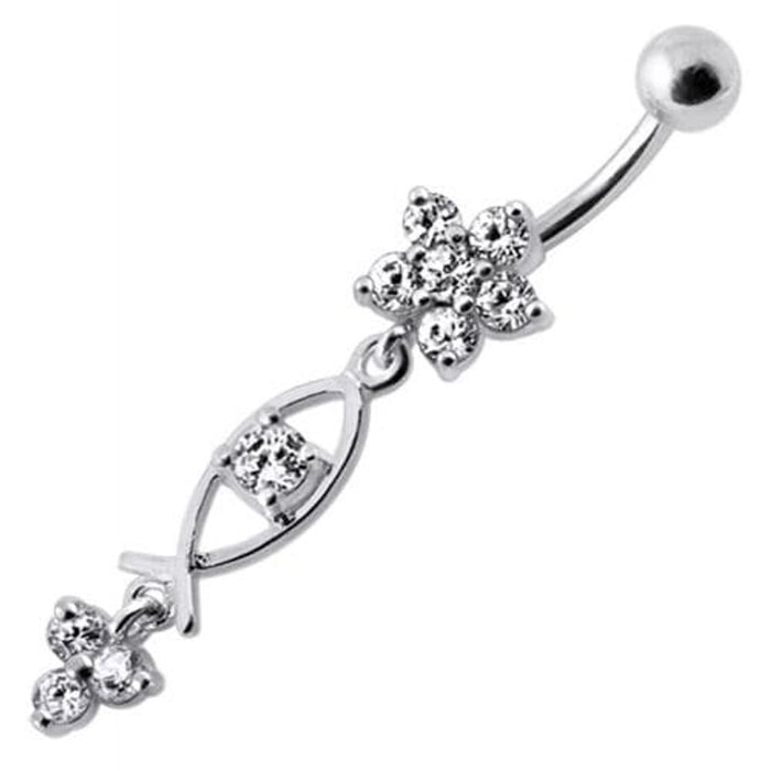 Silver Fancy Jeweled Dangling Flower With SS Banana Bar Navel Ring