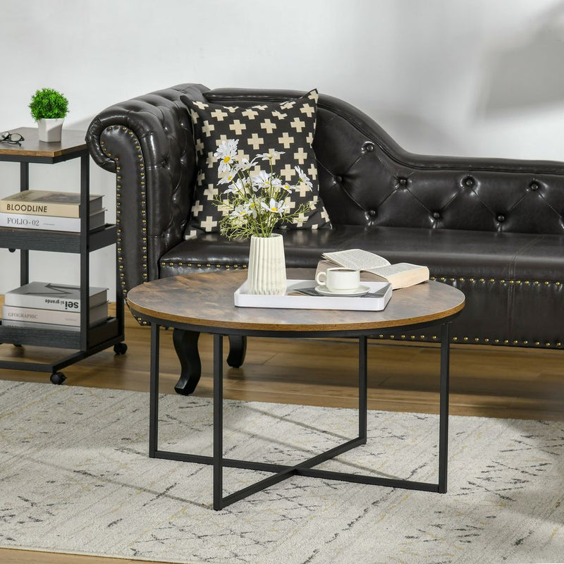 Industrial Round Side Table with Metal Frame, Large Tabletop, Rustic Brown