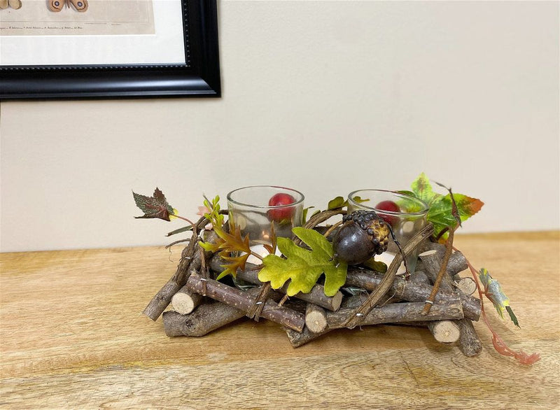 Rustic Wood & Fauna Tea light Holder | Handcrafted Branch Basket with Leaves & Berries | Double Candle Stand 5.5cm x 6cm