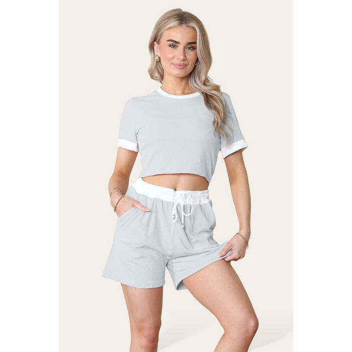 Ribbed Contrast Waistband Top and Short Set