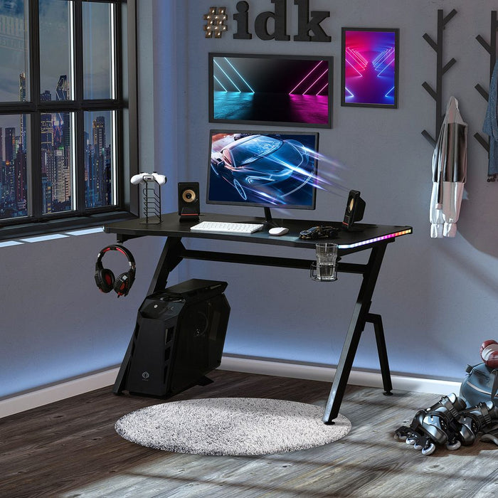 Gaming Desk Racing Ergonomic  Workstation with RGB LED Lights, Hook,  Black