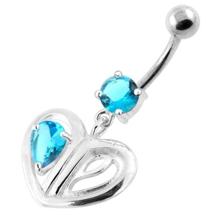 Jeweled Heart Cut out 925 Sterling Silver Navel Bar