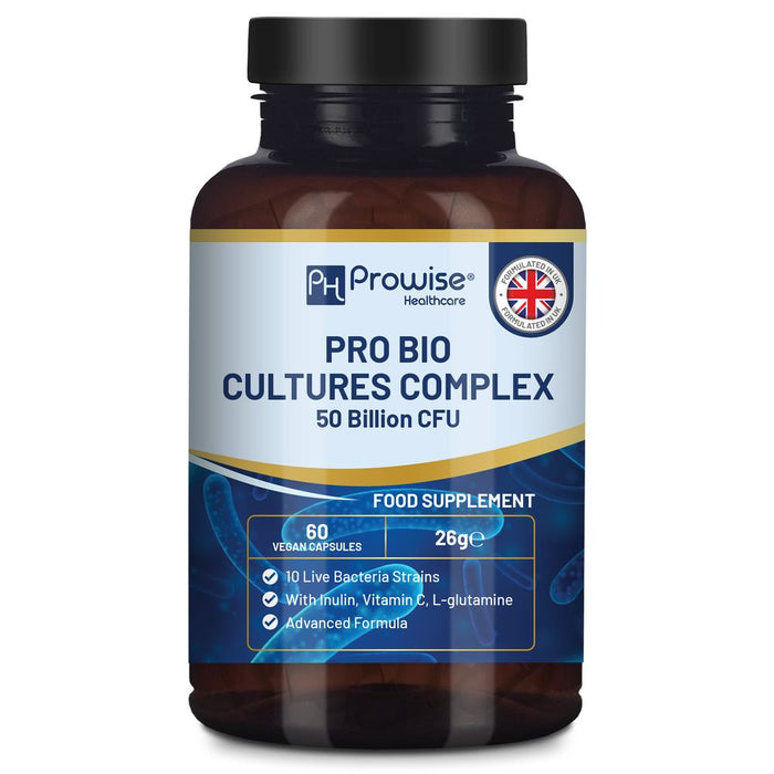 Pro Bio Cultures Complex Probiotics - 50 Billion CFU, Inulin, L-Glutamine & Vitamin C - 60 Capsules