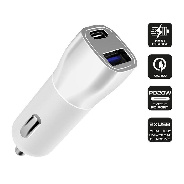 FX Car Fast Charger Dual USB - USB-A PD20W + USB-A QC3.0, White