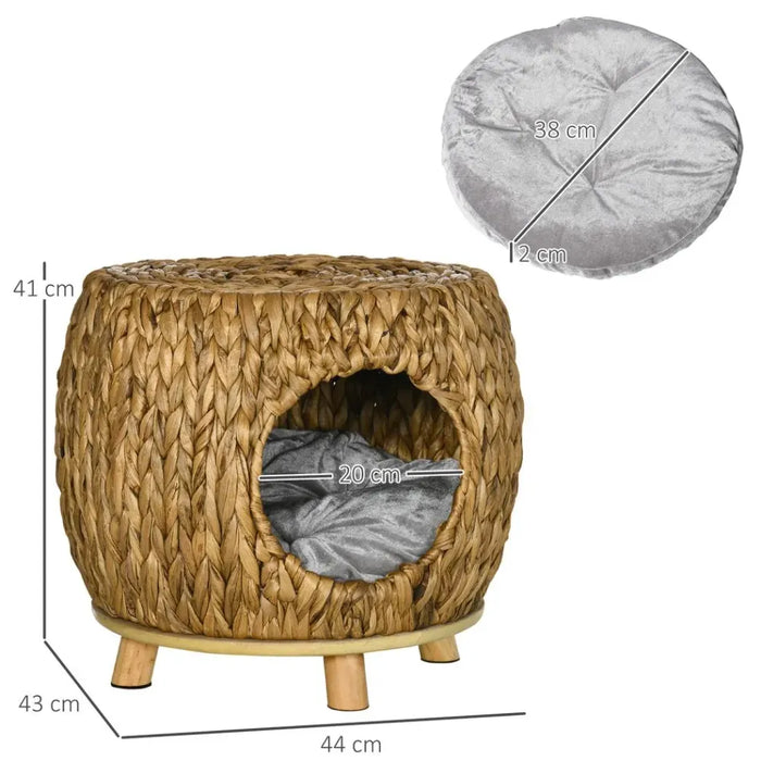 Outdoor/Indoor Rattan Cat House Stool, Wicker Kitten Bed w/ Cushion - High Quality