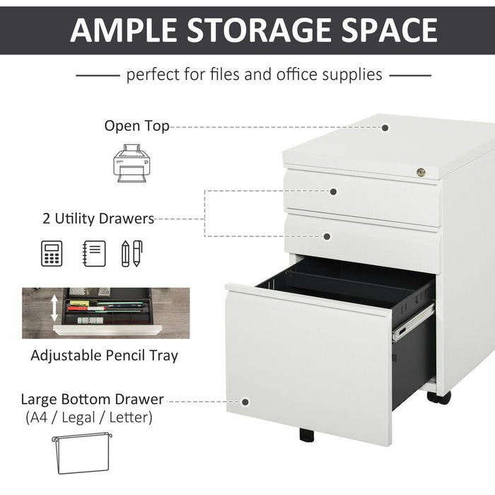 Vinsetto Mobile Vertical File Cabinet Lockable Metal Filling Cabinet with 3 Drawers Anti-tilt Design for Letter A4 Legal Size Fully Assembled Except Casters White